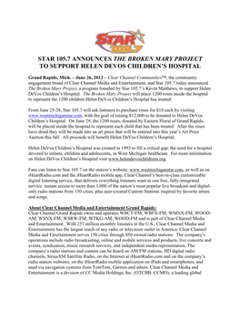 Star 105.7 Announces the Broken Mary Project to Support Helen Devos Children’S Hospital