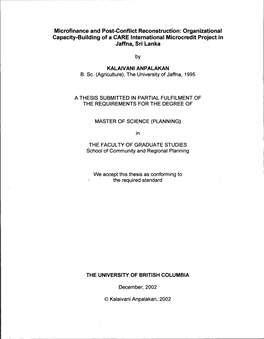 Microfinance and Post-Conflict Reconstruction: Organizational Capacity-Building of a CARE International Microcredit Project in Jaffna, Sri Lanka