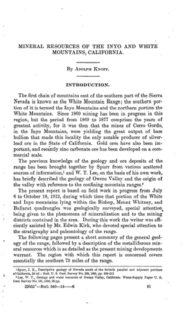 MINEEAL EESOUKCES of the INYO and WHITE MOUNTAINS, CALIFOENIA. the First Chain of Mountains East of the Southern Part of The