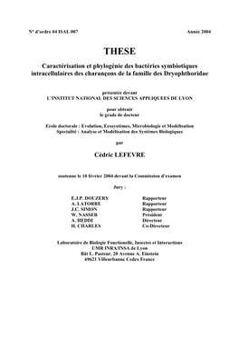 Caractérisation Et Phylogénie Des Bactéries Symbiotiques Intracellulaires Des Charançons De La Famille Des Dryophthoridae