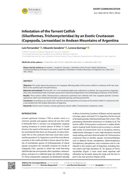 Infestation of the Torrent Catfish (Siluriformes, Trichomycteridae) by an Exotic Crustacean (Copepoda, Lernaeidae) in Andean Mountains of Argentina