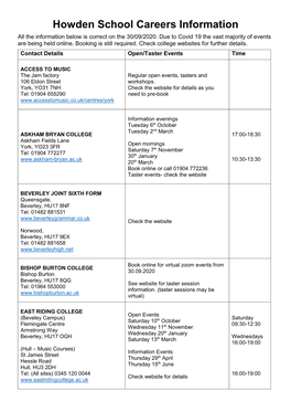 Howden School Careers Information All the Information Below Is Correct on the 30/09/2020