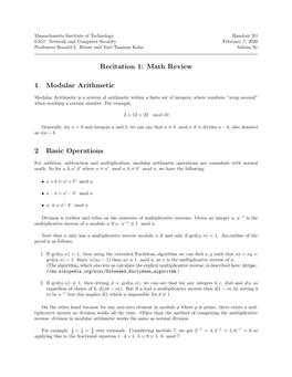 Math Review 1 Modular Arithmetic 2 Basic Operations