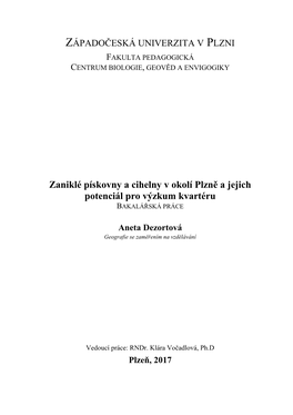 Zaniklé Pískovny a Cihelny V Okolí Plzně a Jejich Potenciál Pro Výzkum Kvartéru BAKALÁŘSKÁ PRÁCE