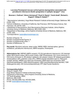 Low-Dose Perampanel Rescues Cortical Gamma Dysregulation Associated with 2 Parvalbumin Interneuron Glua2 Upregulation in Epileptic Syngap1+/- Mice 3 4 Brennan J