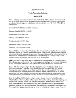 New Choices Inc. Youth Recreation Calendar June, 2015