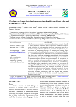 Mentha Arvensis, a Medicinal and Aromatic Plant, Has High Nutritional Value and Several-Uses: a Review