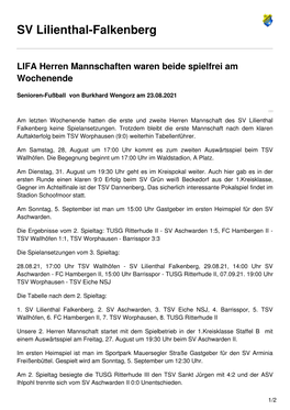 LIFA Herren Mannschaften Waren Beide Spielfrei Am Wochenende