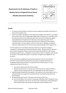 Requirements for the Admission of Pupils to Blockley Church of England Primary School (Blockley Educational Academy)