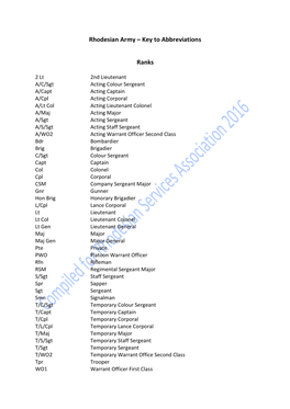 Rhodesian Army – Key to Abbreviations