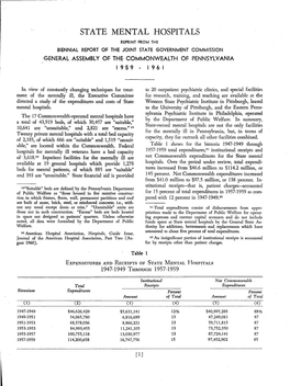 STATE MENTAL· HQSPITALS REPRINT Flrom the BIENNIAL REPORT of the JOINT STATE GOVERNMENT COMMISSION GENERAL ASSEMBLY of the OOMMONWEALTH of PENNSYLVANIA 1959 1961