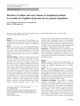 Disorders of Sodium and Water Balance in Hospitalized Patients Les Troubles De L’E´Quilibre Hydrosode´ Chez Les Patients Hospitalise´S
