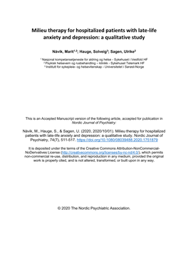 Milieu Therapy for Hospitalized Patients with Late-Life Anxiety and Depression: a Qualitative Study