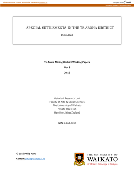 Special Settlements in the Te Aroha District