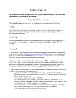 RESOLUTION B1 on Guidelines for the Designations and Specifications of Optical and Infrared Astronomical Photometric Passbands