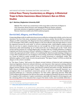 Critical Race Theory Counterstory As Allegory: a Rhetorical Trope to Raise Awareness About Arizona's Ban on Ethnic Studies Aja Y