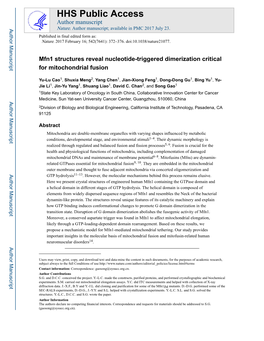 Mfn1 Structures Reveal Nucleotide-Triggered Dimerization Critical for Mitochondrial Fusion