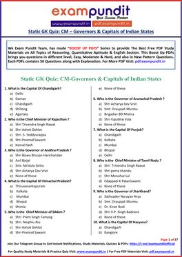 Static GK Quiz: CM – Governors & Capitals of Indian States
