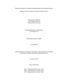 Teacher Perceptions of Principal Leadership Behavior and Shared Decision