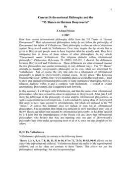 Current Reformational Philosophy and the “95 Theses on Herman Dooyeweerd” by J