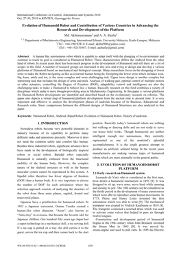 Evolution of Humanoid Robot and Contribution of Various Countries in Advancing the Research and Development of the Platform Md