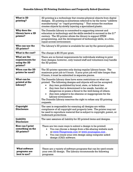 Dunedin Library 3D Printing Guidelines and Frequently Asked Questions