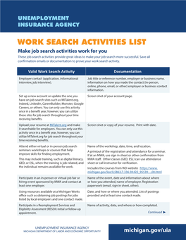 Work Search Activities List, Unemployment Insurance Agency