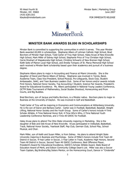 Minster Bank Awards $9,000 in Scholarships