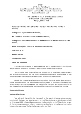 SPEECH of H.E. Mr. Pierre Buyoya Special Representative of the Chairperson of the Commission of the African Union and Head of Th