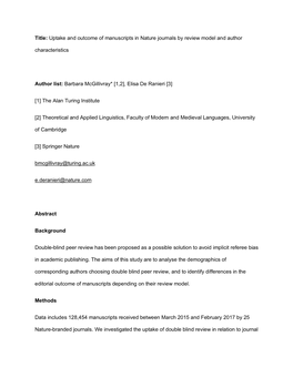 Uptake and Outcome of Manuscripts in Nature Journals by Review Model and Author Characteristics