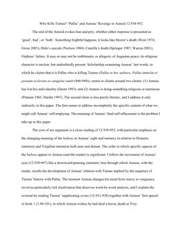 Who Kills Turnus? 'Pallas' and Aeneas' Revenge in Aeneid 12.938-952