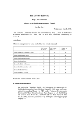 THE CITY of TORONTO City Clerk's Division Minutes of the Etobicoke Community Council Meeting No. 4 Wednesday, May 3, 2000. the E