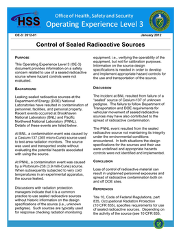 Control of Sealed Radioactive Sources