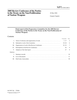 2005 Review Conference of the Parties to the Treaty on the Non-Proliferation 20 May 2004 of Nuclear Weapons Original: English