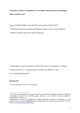 1 Interdemic Variation of Cannibalism in a Wolf Spider (Pardosa Monticola