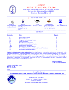 Indian Notices to Mariners for 2006 (Published Fortnightly on 1St & 16Th of Every Month) Edition No