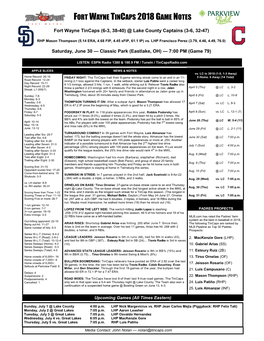 Fort Wayne Tincaps 2018 Game Notes