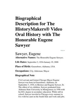 Biographical Description for the Historymakers® Video Oral History with the Honorable Eugene Sawyer