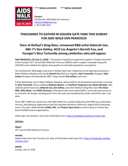 THOUSANDS to GATHER in GOLDEN GATE PARK THIS SUNDAY for AIDS WALK SAN FRANCISCO Stars of Rupaul's Drag Race, Renowned R&B