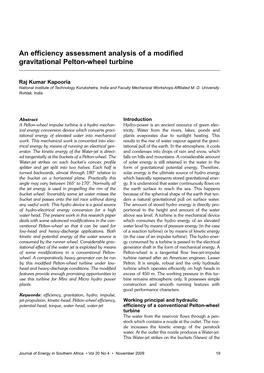 An Efficiency Assessment Analysis of a Modified Gravitational Pelton-Wheel Turbine