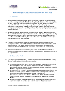 Norwich Depot Hub Business Case Summary - April 2018