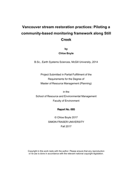 Vancouver Stream Restoration Practices: Piloting a Community-Based Monitoring Framework Along Still Creek