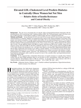 Elevated LDL-Cholesterol Level Predicts Diabetes in Centrally Obese Women but Not Men Relative Roles of Insulin Resistance and Central Obesity