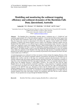 Modelling and Monitoring the Sediment Trapping Efficiency and Sediment Dynamics of the Burdekin Falls Dam, Queensland, Australia