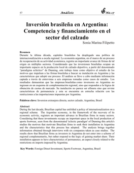 Inversión Brasileña En Argentina: Competencia Y Financiamiento En El Sector Del Calzado Sonia Marina Filipetto