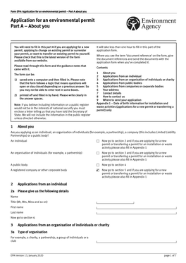 Application for an Environmental Permit Part a – About You