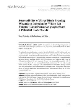 Susceptibility of Silver Birch Pruning Wounds to Infection by White-Rot Fungus (Chondrostereum Purpureum), a Potential Bioherbicide