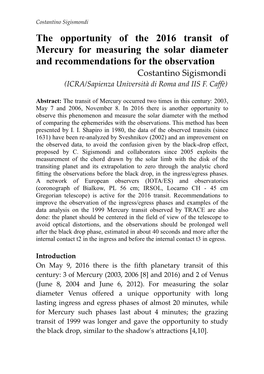 The Opportunity of the 2016 Transit of Mercury for Measuring The