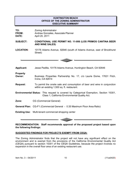 Zoning Administrator FROM: Andrew Gonzales, Associate Planner DATE: April 20, 2011