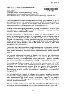 IAEA-CN-86-89 the THREAT of NUCLEAR TERRORISM M.MAERLI XA0103251 Norwegian Institute of Internal Affairs, Olso, Norway Sandia Na